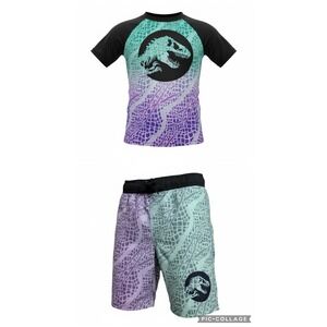 Jurassic Park Boys Swim Trunks Rashguard 2 pc set  Dino Skin Board Shorts Sz Med